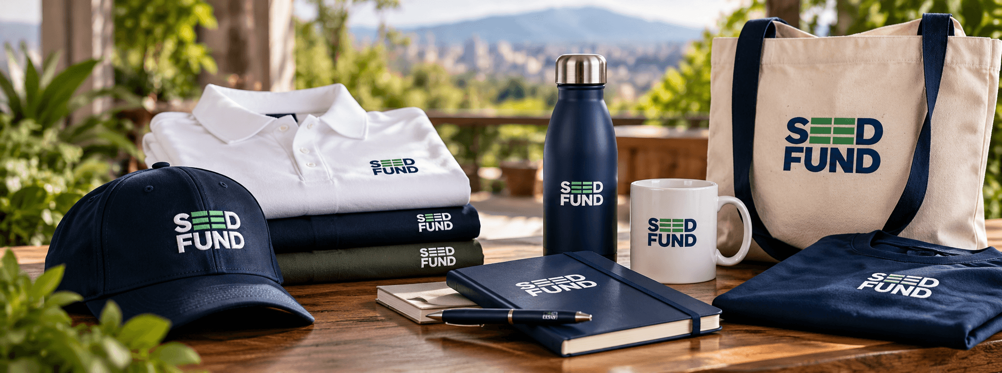 SEED Fund branded apparel and accessories, including polo shirts, caps, mugs, and tote bags