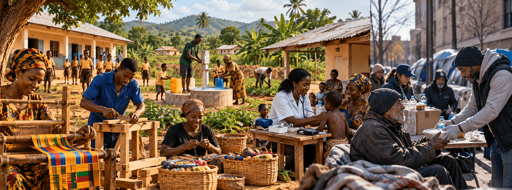 Volunteers delivering food and supplies to a community